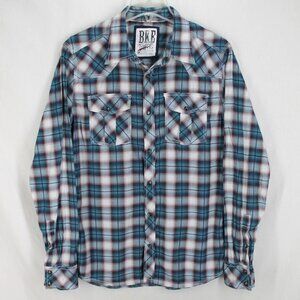 BKE Vintage Pearl Snap Shirt Mens Size M Blue Plaid Athletic Fit Long Sleeve